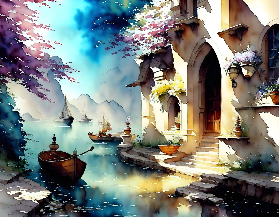 Serene coastal scene with boats, blossoming trees, and charming buildings