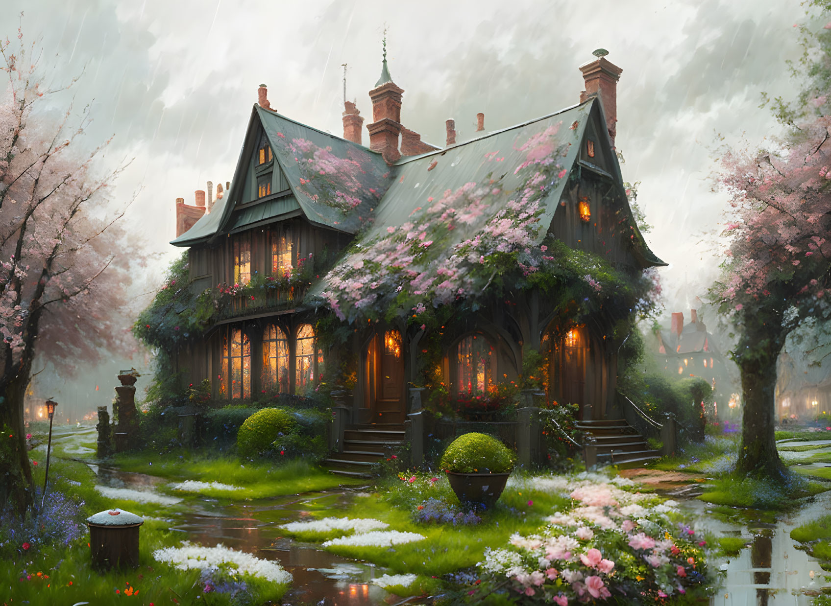 Victorian house in blooming garden with cherry blossoms and rain