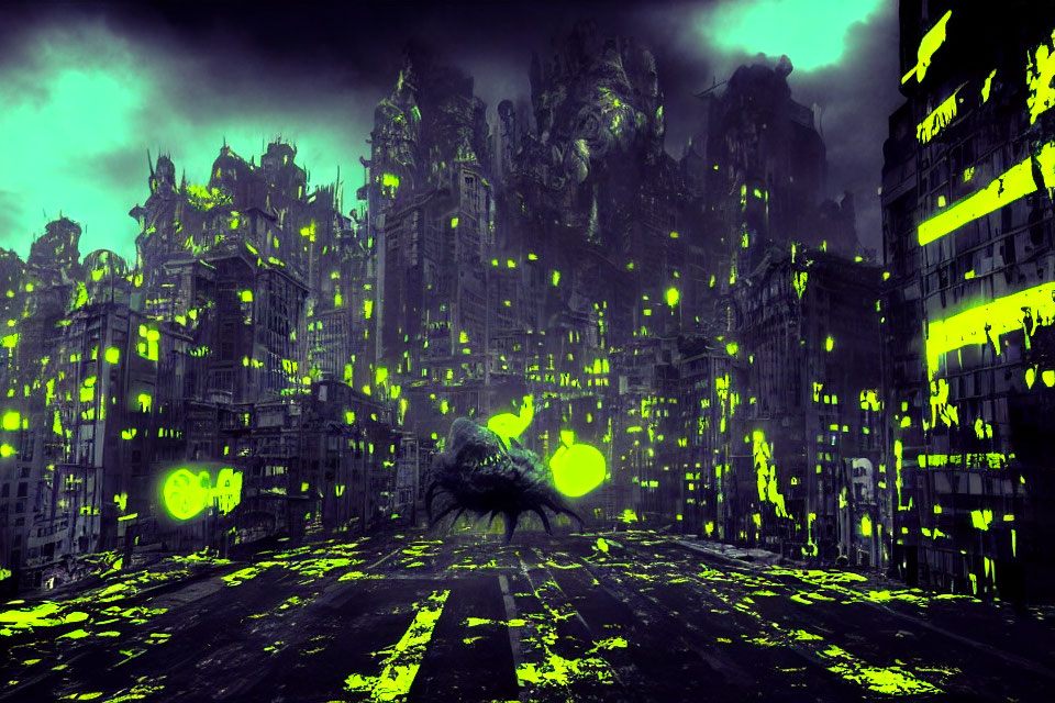 Dystopian cityscape with neon green accents and dark buildings, large creature in center