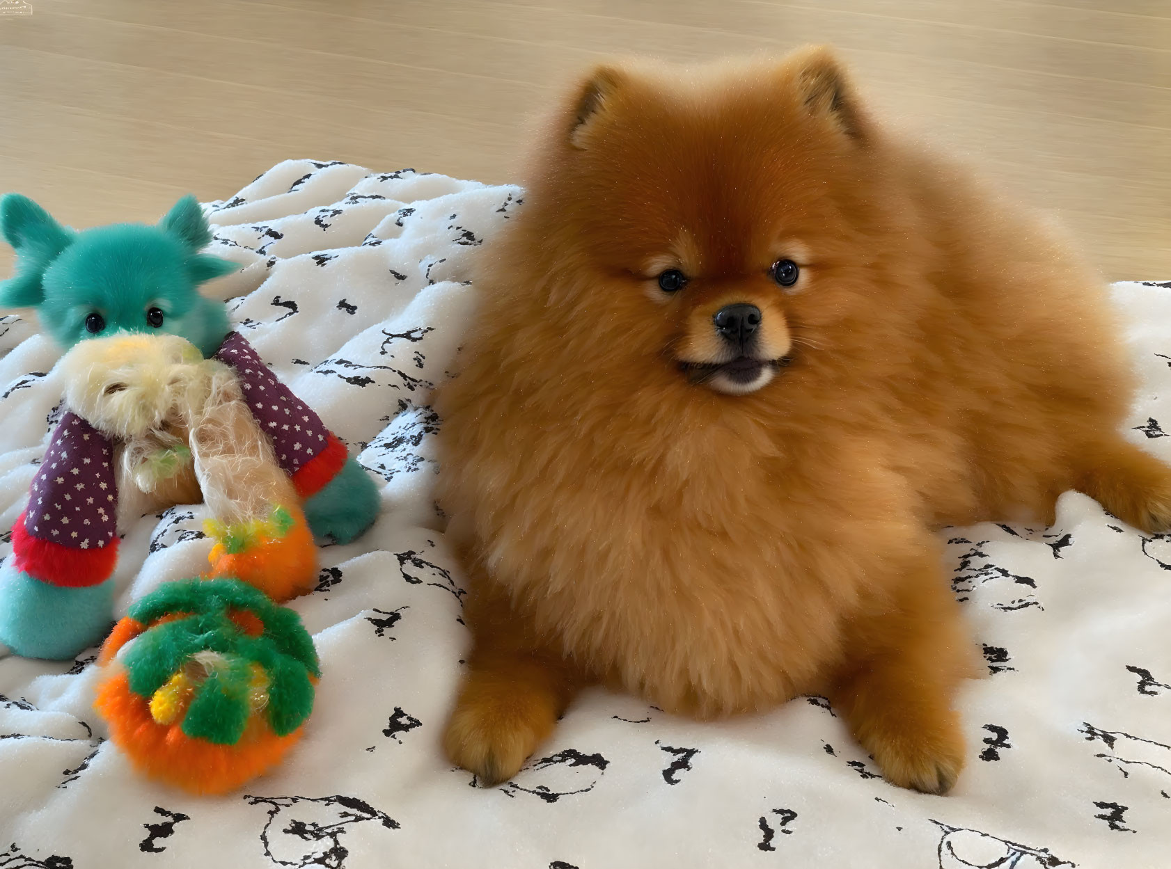 Fluffy Pomeranian Dog on Patterned Blanket with Plush Toys