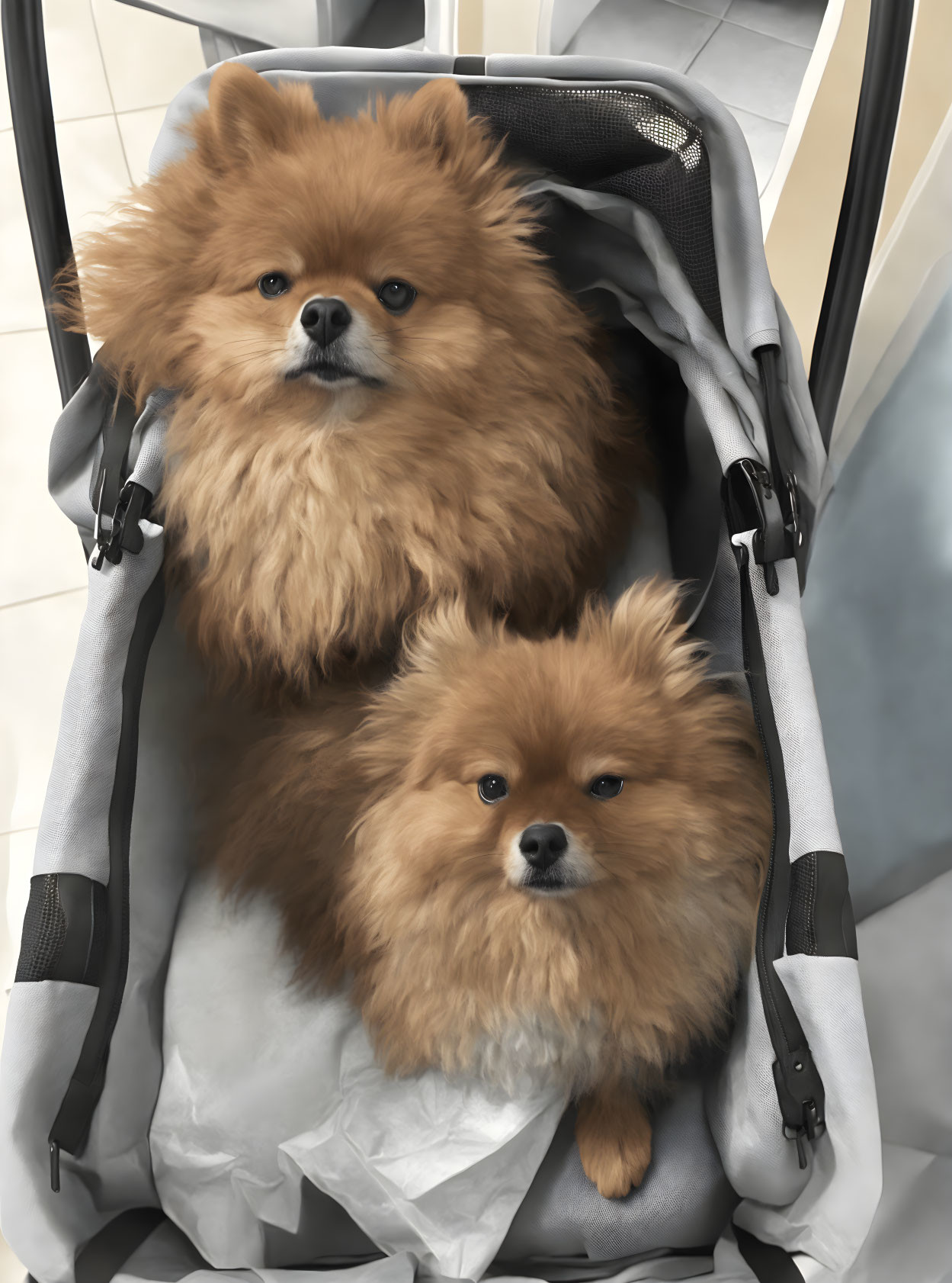 Two Pomeranian dogs in pet stroller with home background