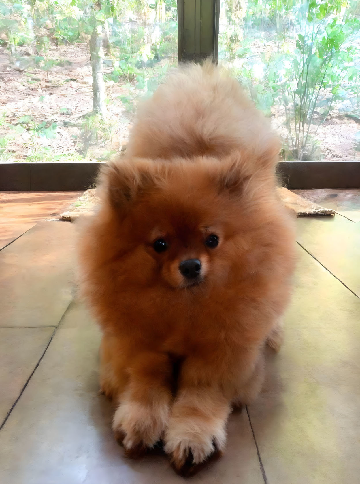 Reddish-Brown Fluffy Pomeranian Dog Indoors with Glass Door Backdrop