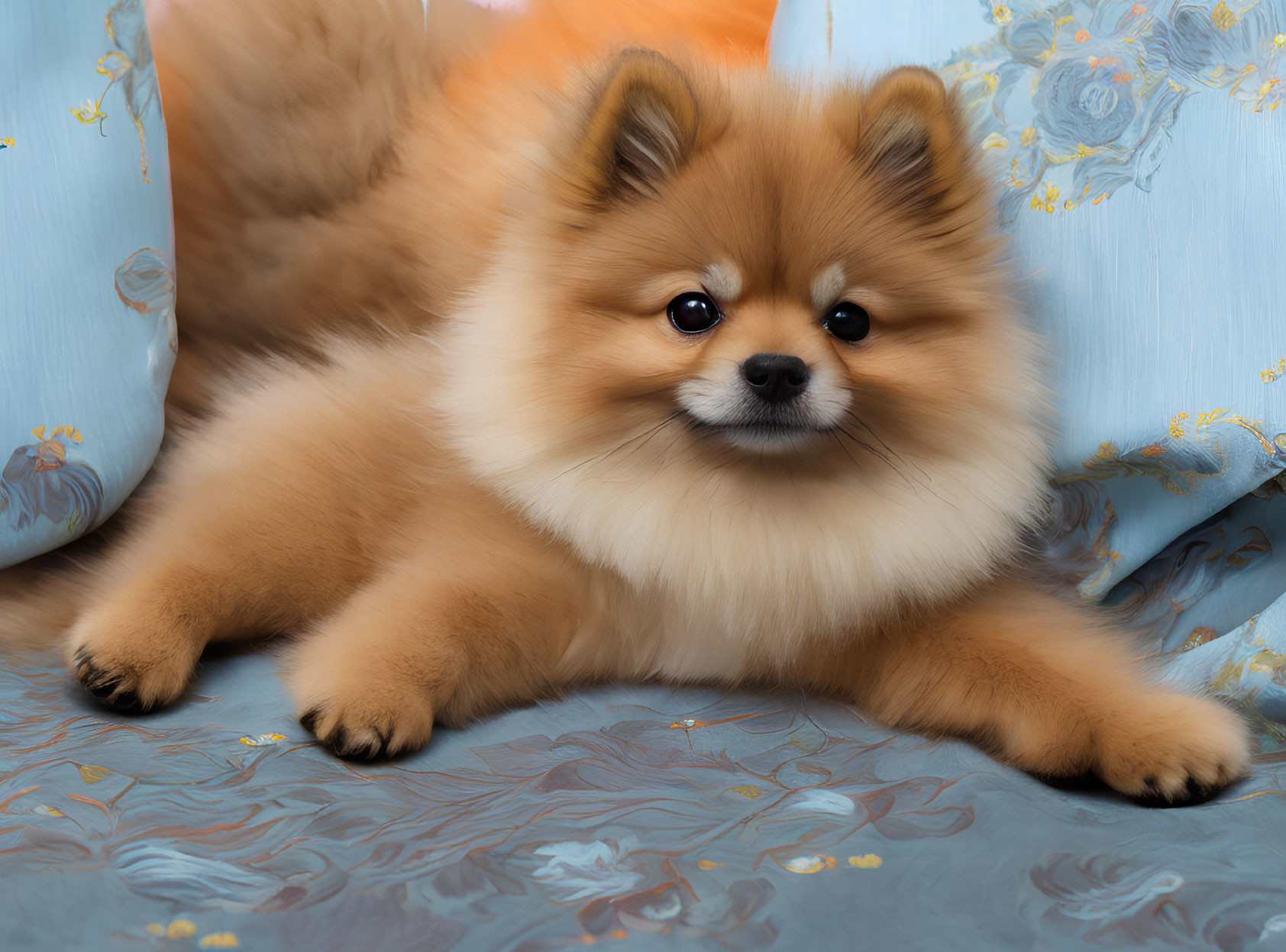 Fluffy Pomeranian Dog on Blue Floral Pillow