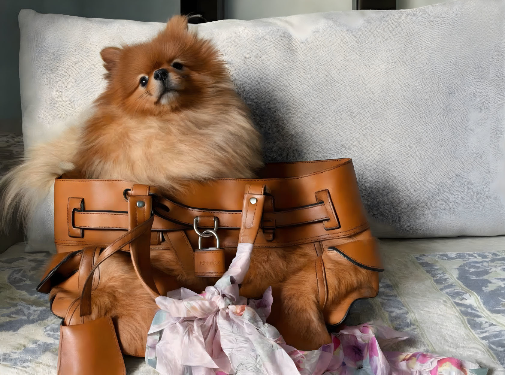 Fluffy Pomeranian dog in brown tote bag on white pillow couch