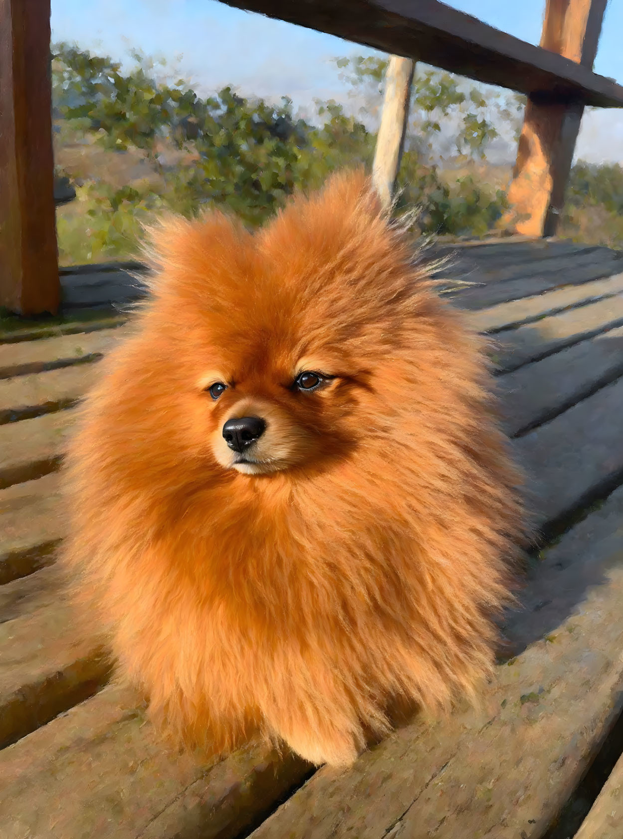 Fluffy orange Pomeranian dog on wooden deck with nature background