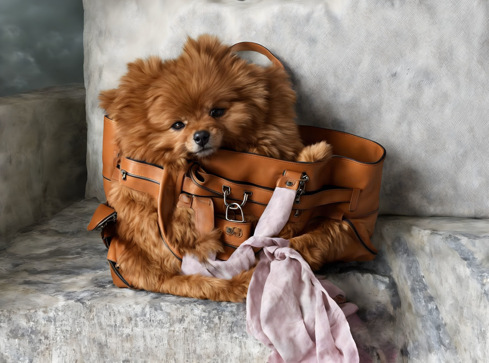 Fluffy Pomeranian Dog in Tan Leather Bag on Gray Background