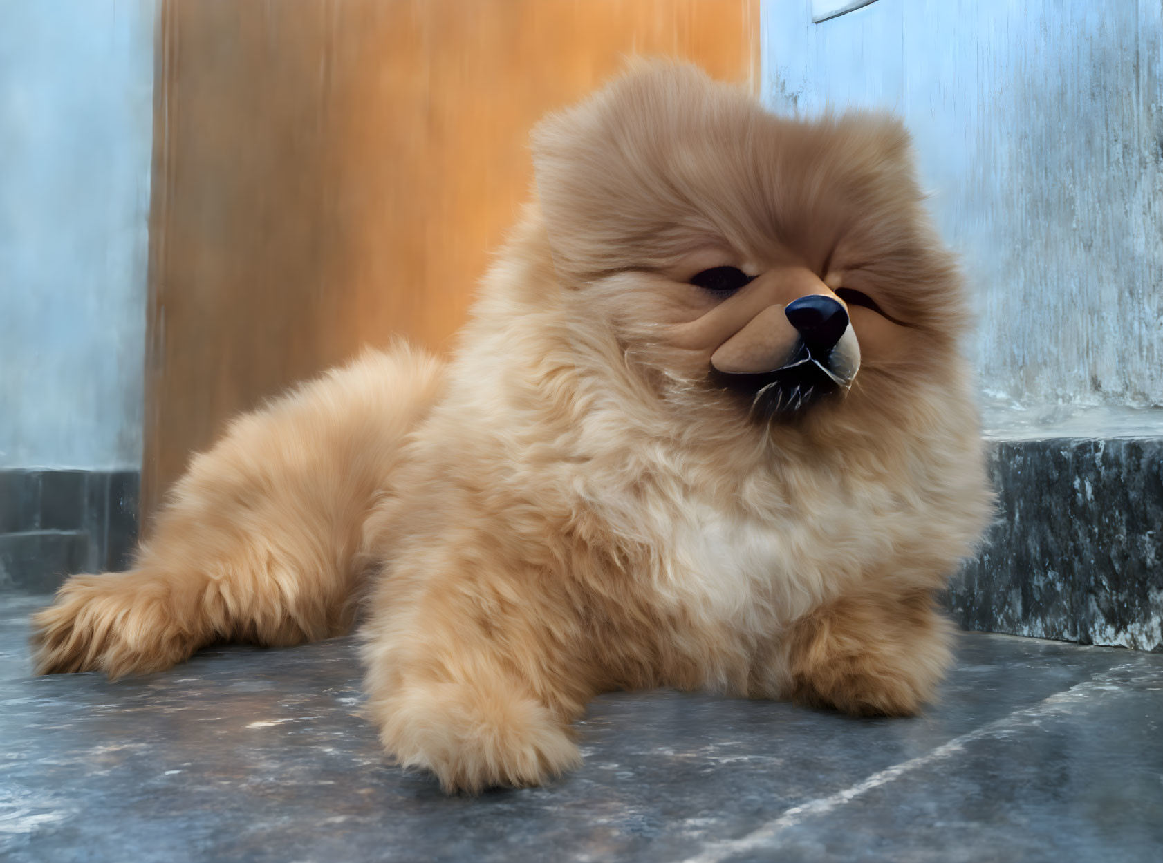 Golden fluffy Pomeranian dog on concrete floor with warm-colored door and cool-colored wall