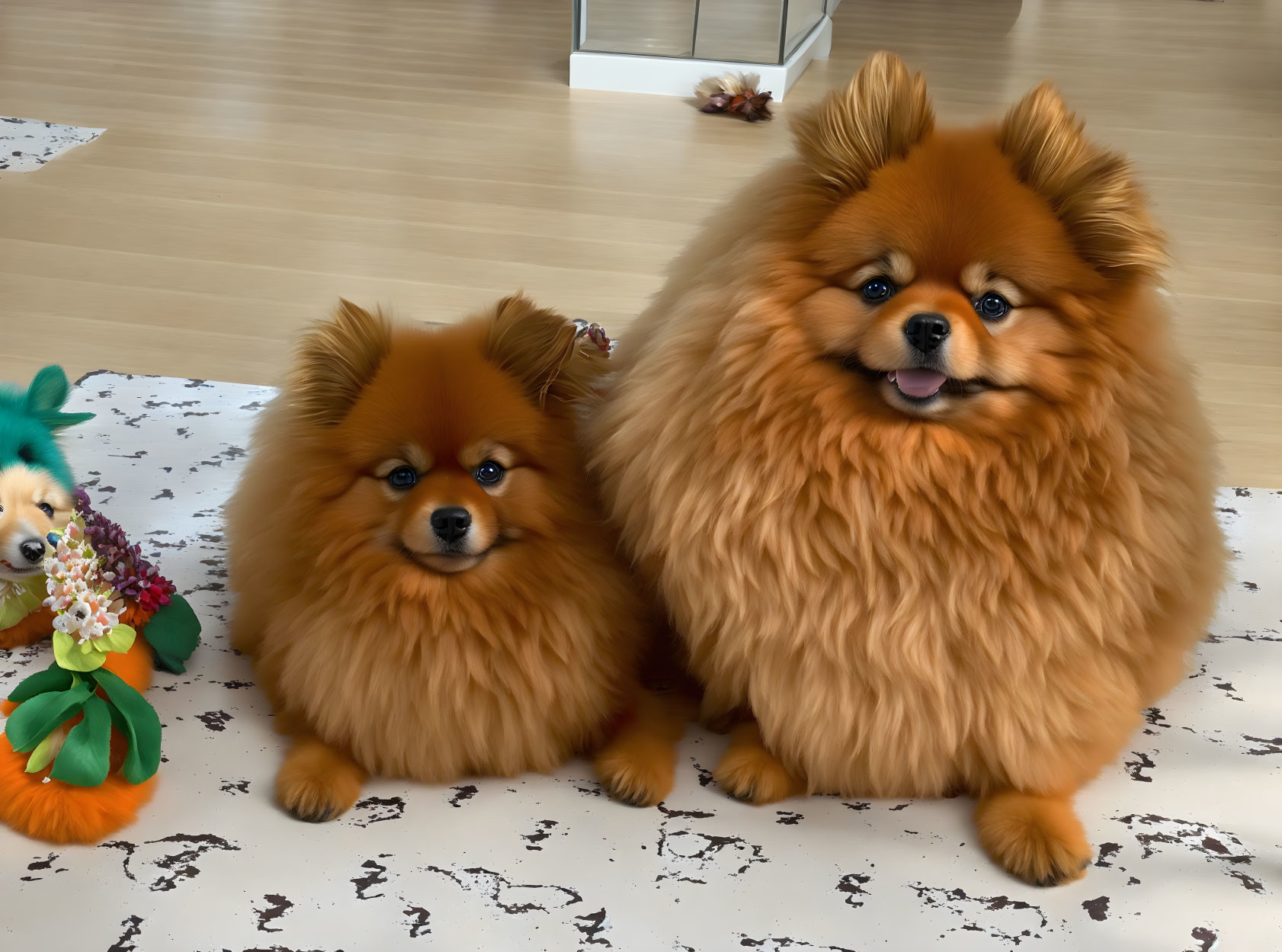 Fluffy Pomeranian Dogs with Toy and Flower Petals