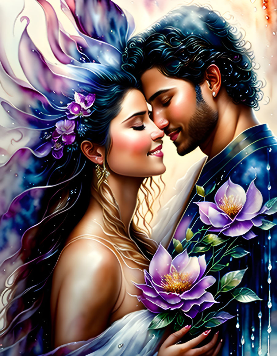 Romantic fantasy couple embrace with ethereal elements