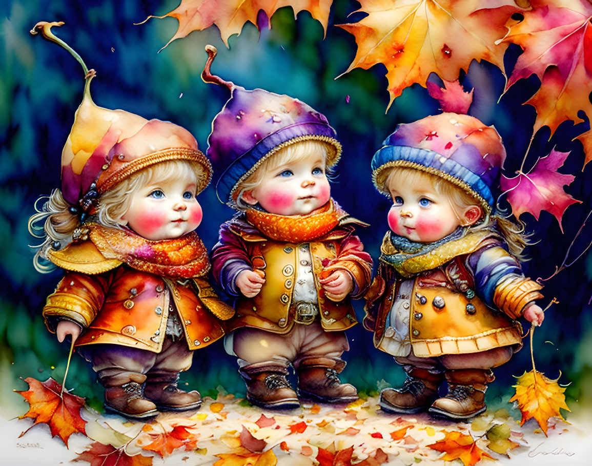 Illustrated toddlers in autumn attire with acorn hoods, surrounded by colorful leaves