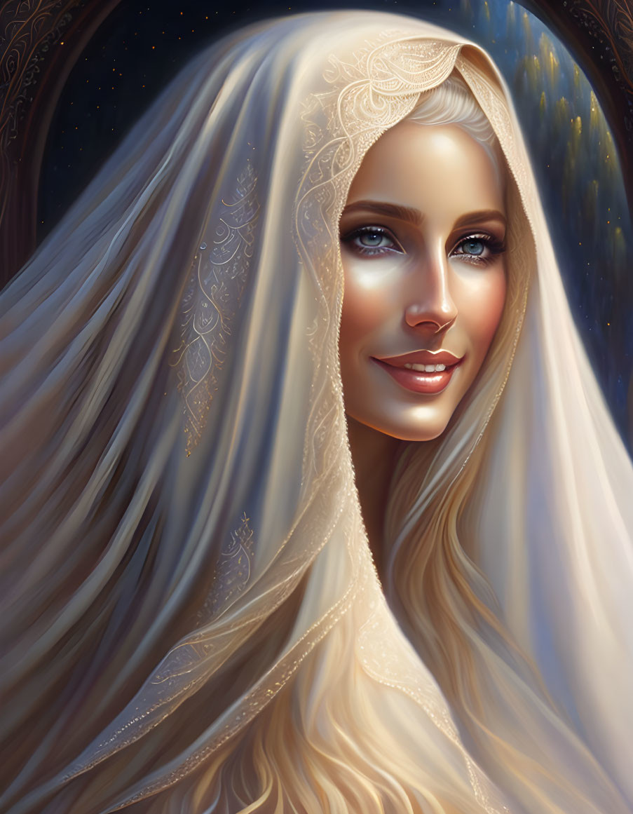 Blonde woman in white veil with blue eyes illustration