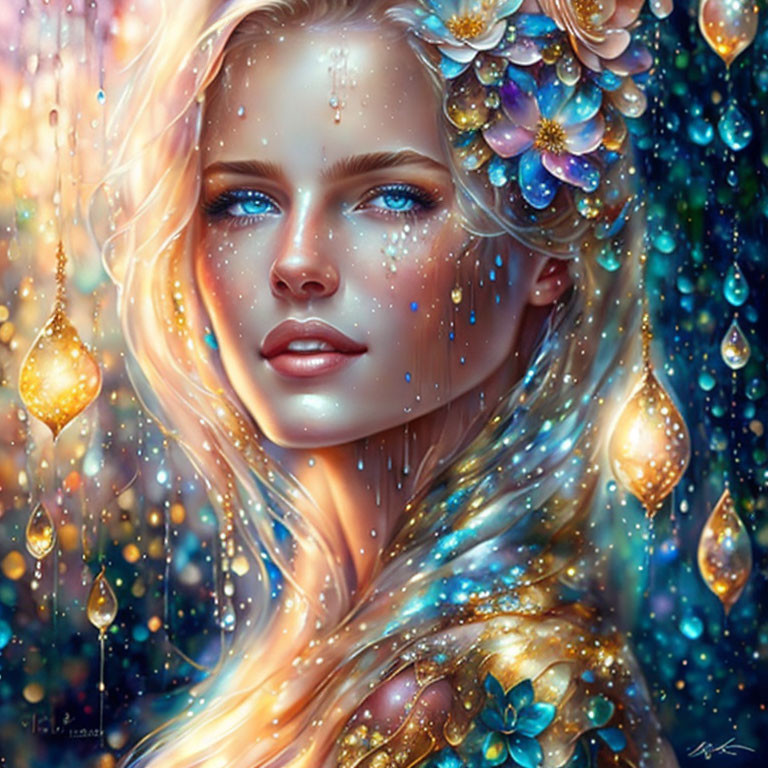 Fantasy illustration of woman with blue eyes and golden floral accessories