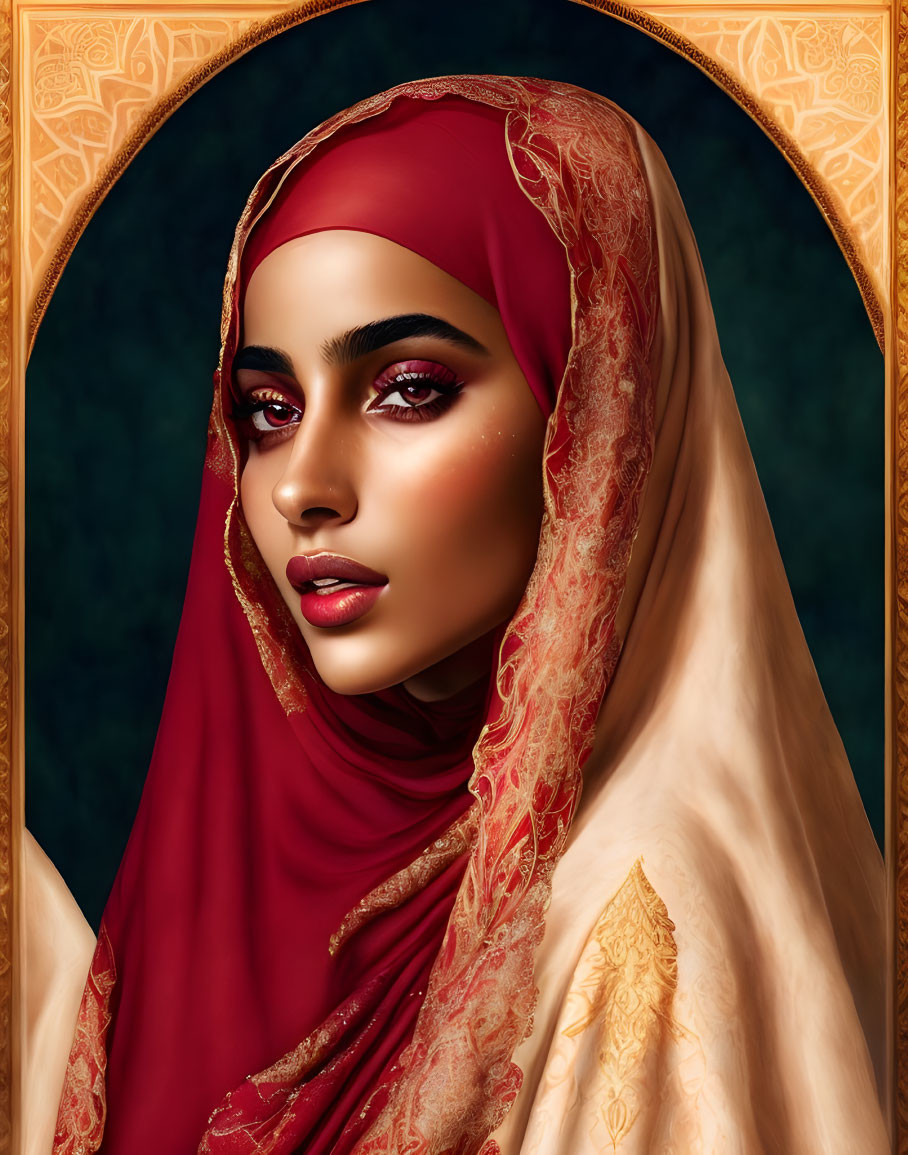 Portrait of Woman in Red Hijab with Gold Detailing on Ornate Background