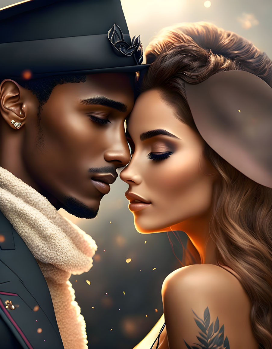 Romantic couple in military uniform and elegant side tattoo portrait