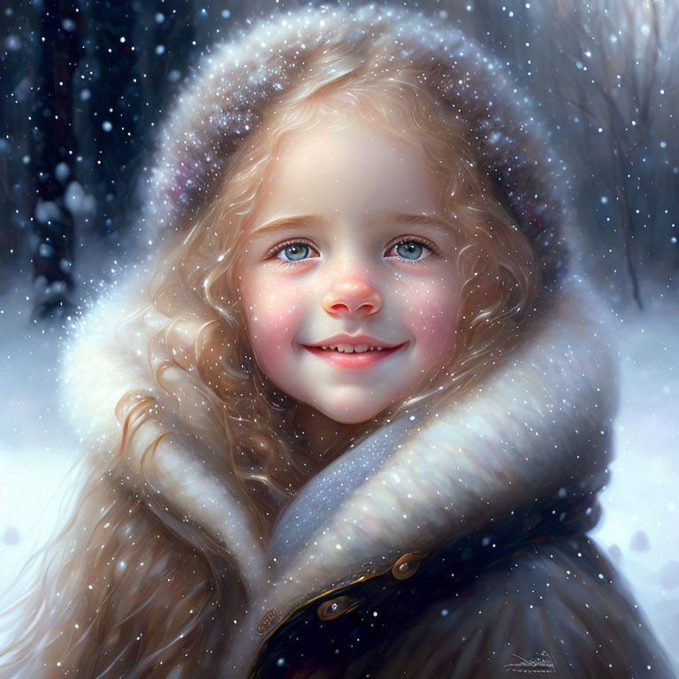 Smiling young girl in winter clothes with falling snowflakes