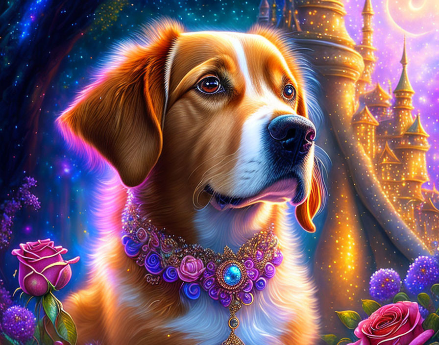 Regal dog with jeweled collar in fantasy setting