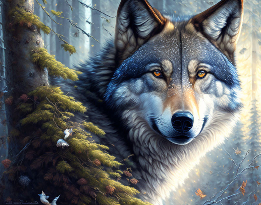 Detailed illustration of majestic wolf face in wintry forest with birds and frost-covered trees