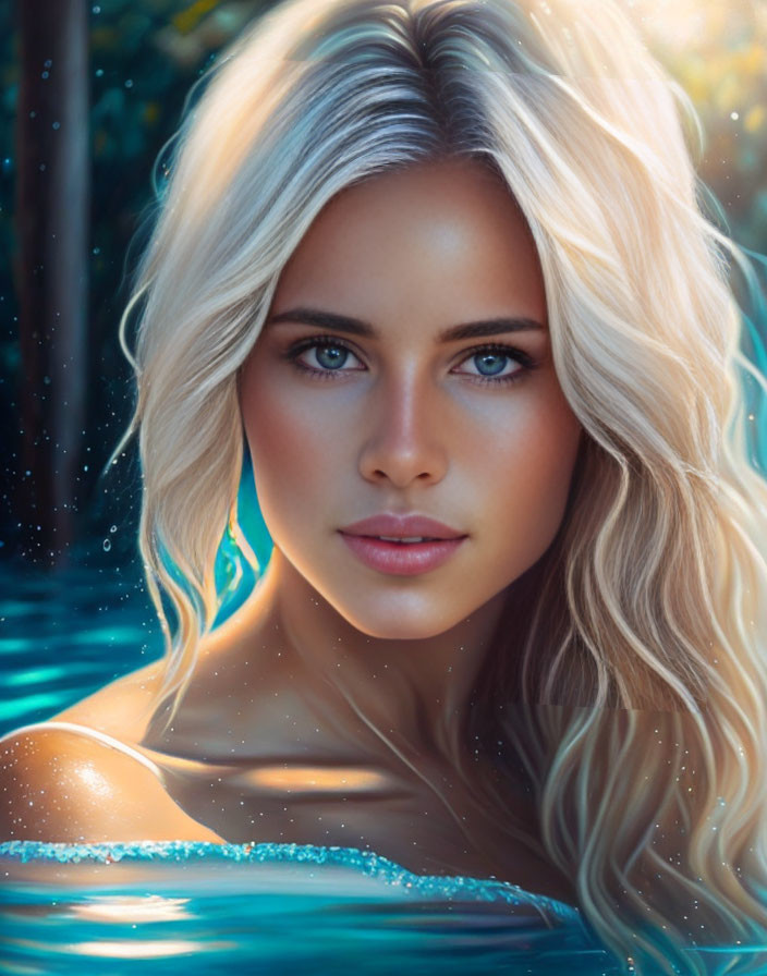 Blonde Woman with Blue Eyes Submerged in Water with Sunlight Filtering Through Foliage