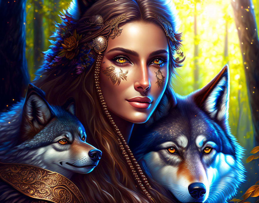 Fantasy portrait of woman with golden adornments and wolves in enchanted forest