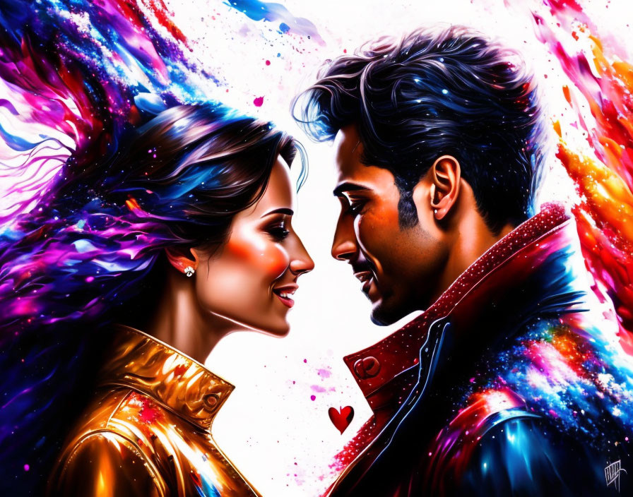 Colorful digital artwork: Romantic couple with cosmic backdrop and red heart