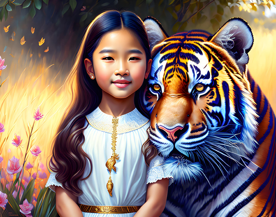 Young girl in white dress with tiger in vibrant field