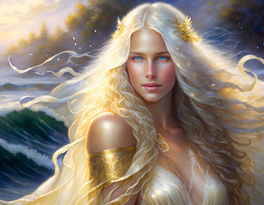 Fantasy digital artwork: Blonde woman with blue eyes and golden accessories by the sea at sunset