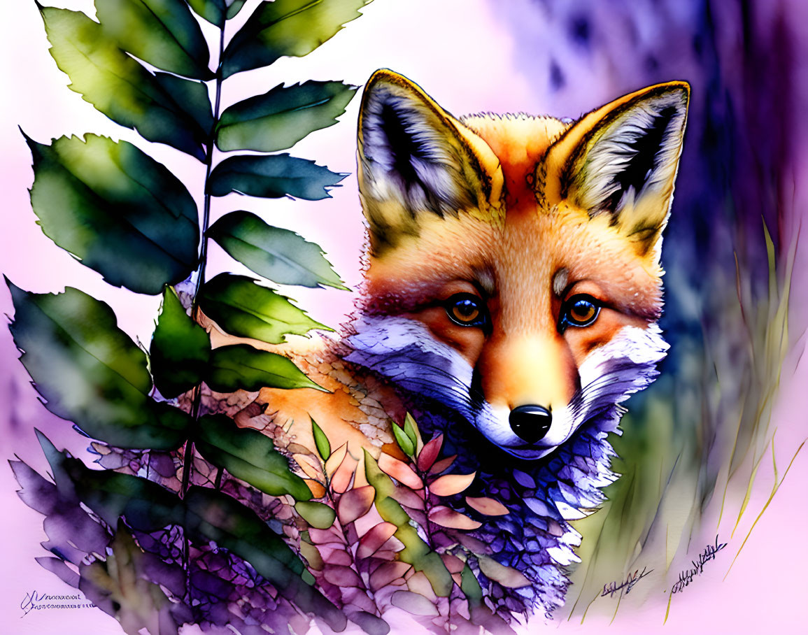 Colorful fox illustration with lush fur and vibrant foliage in soft purple tones