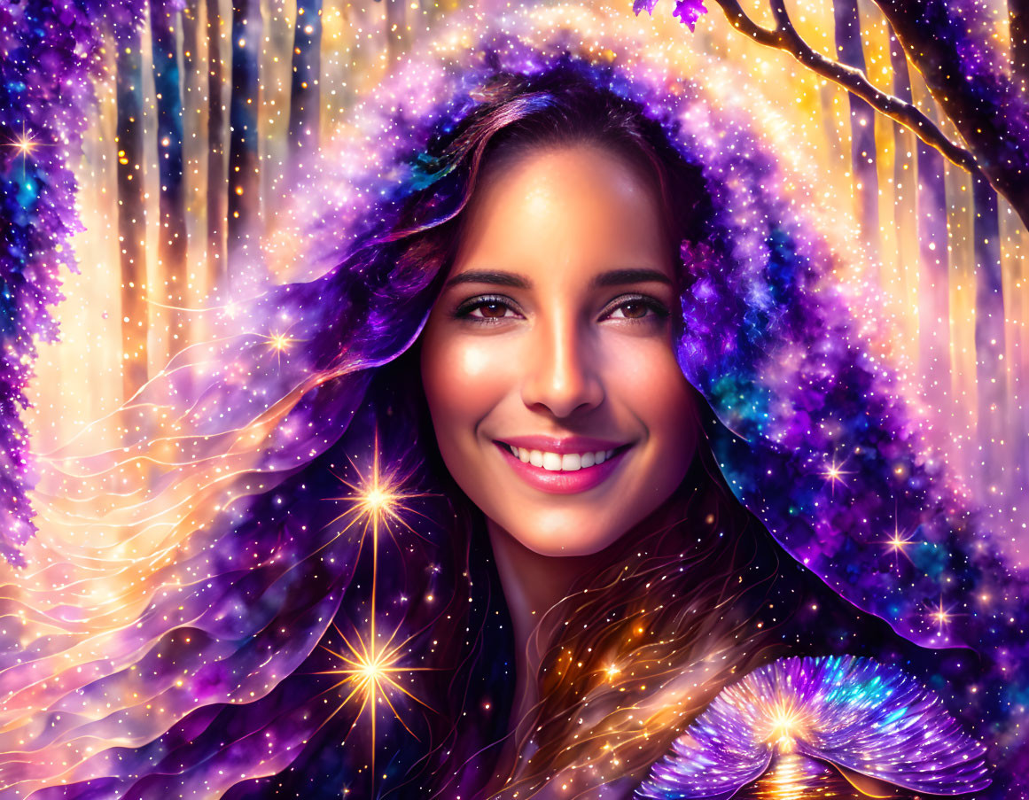 Cosmic-themed portrait of a radiant woman with vibrant galactic elements