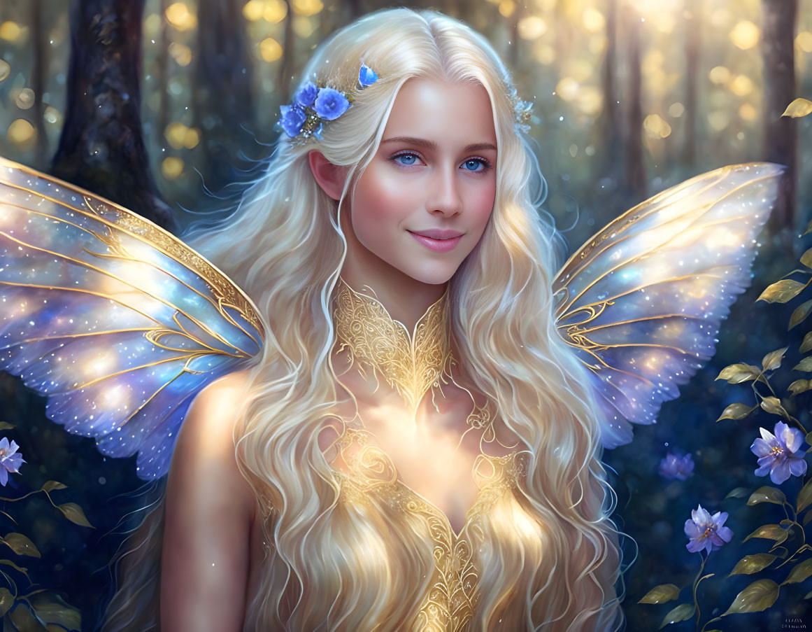 Blonde Winged Fairy with Blue Flowers in Golden Gown in Enchanted Forest