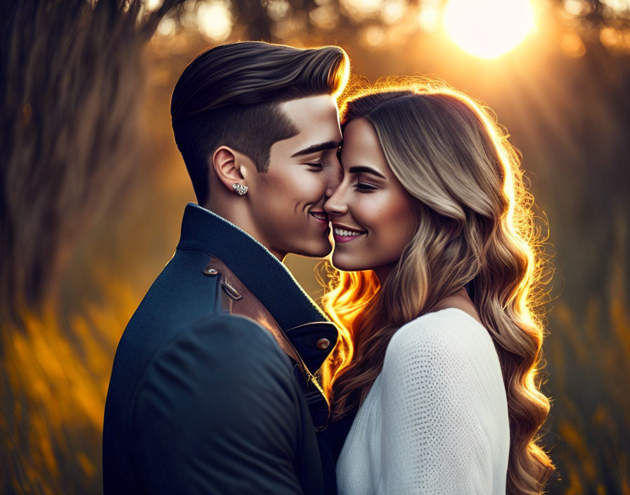 Couple Embracing in Field at Sunset with Warm Light