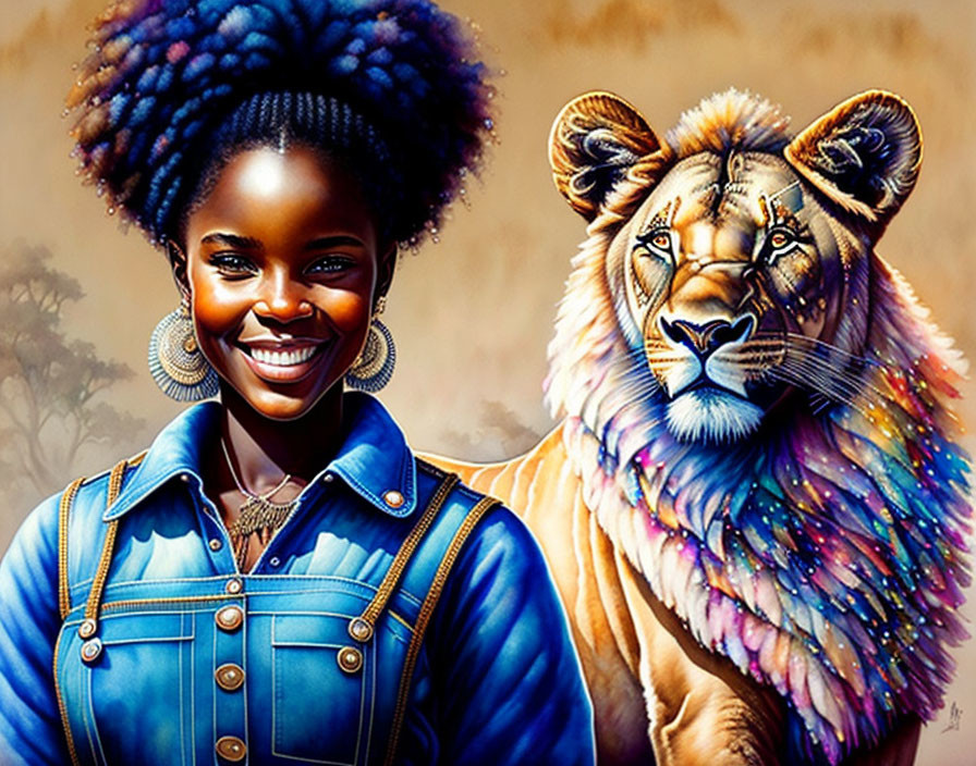 Smiling woman with blue afro and lion against earth-toned background