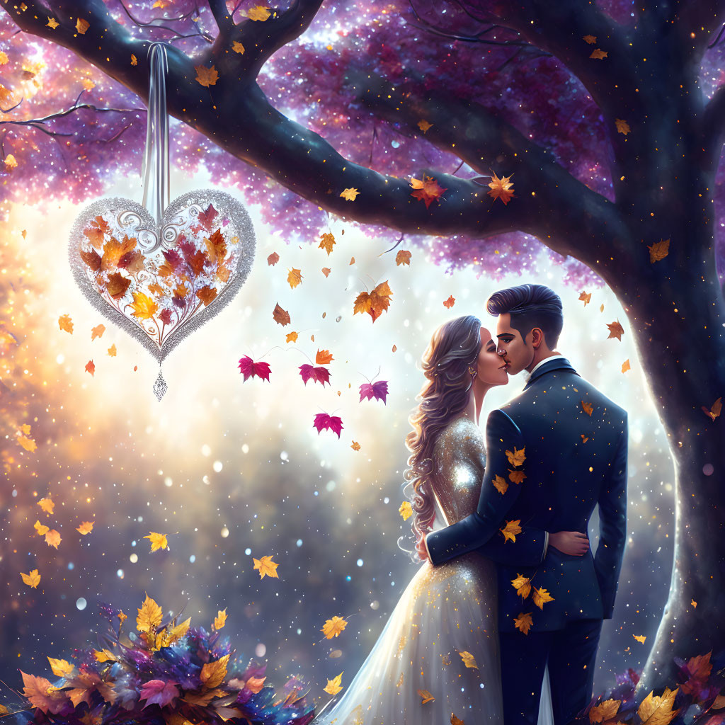 Couple Embracing Under Autumn Tree with Falling Leaves and Glowing Heart Pendant