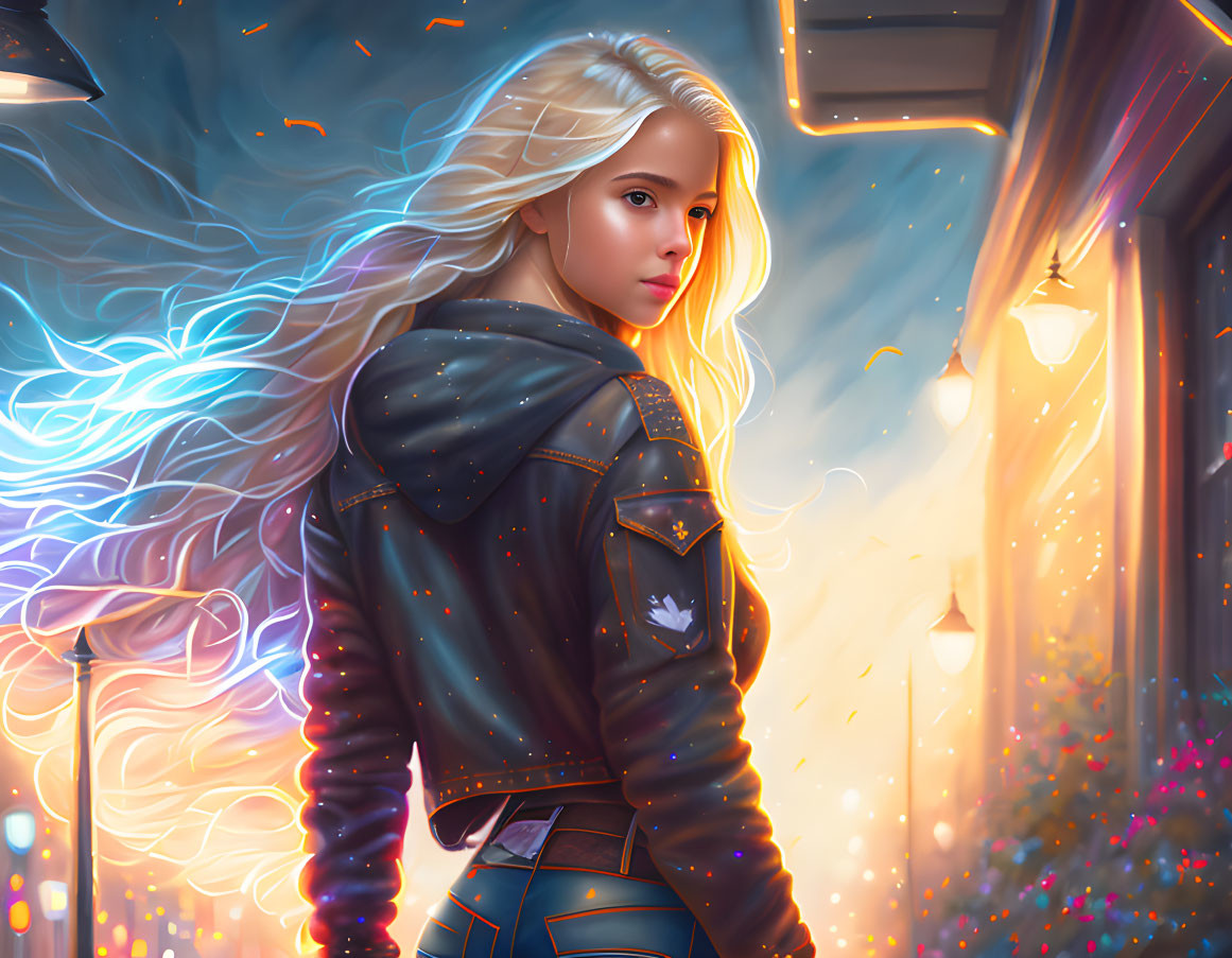 Blonde woman in glowing aura in enchanted alleyway