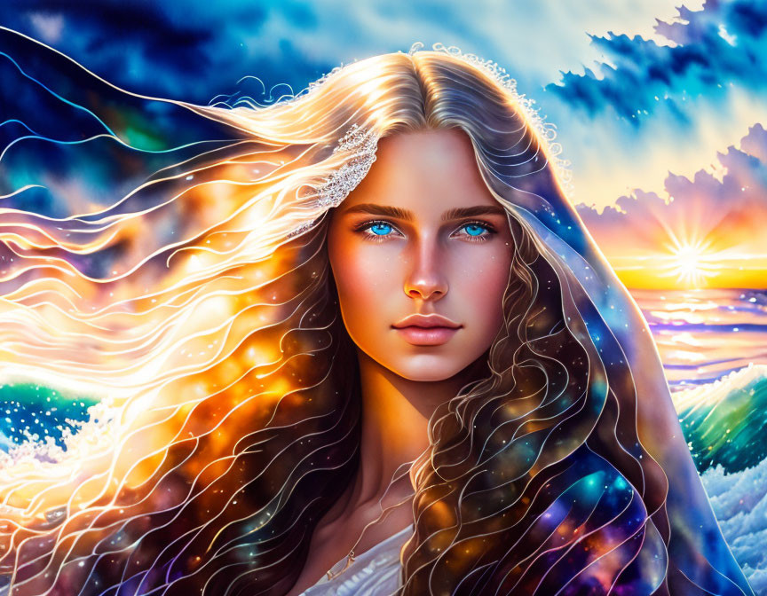 Fantasy artwork of woman with wavy hair in vibrant sunset sky