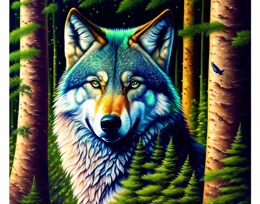 Colorful Wolf Face Artwork Blending into Pine Forest Scene