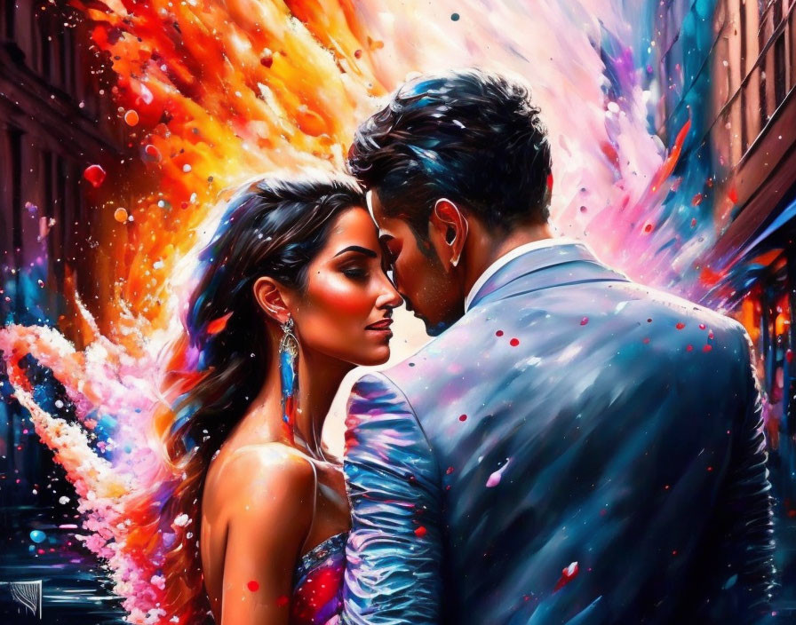 Colorful painting of couple in formal attire with paint splashes.