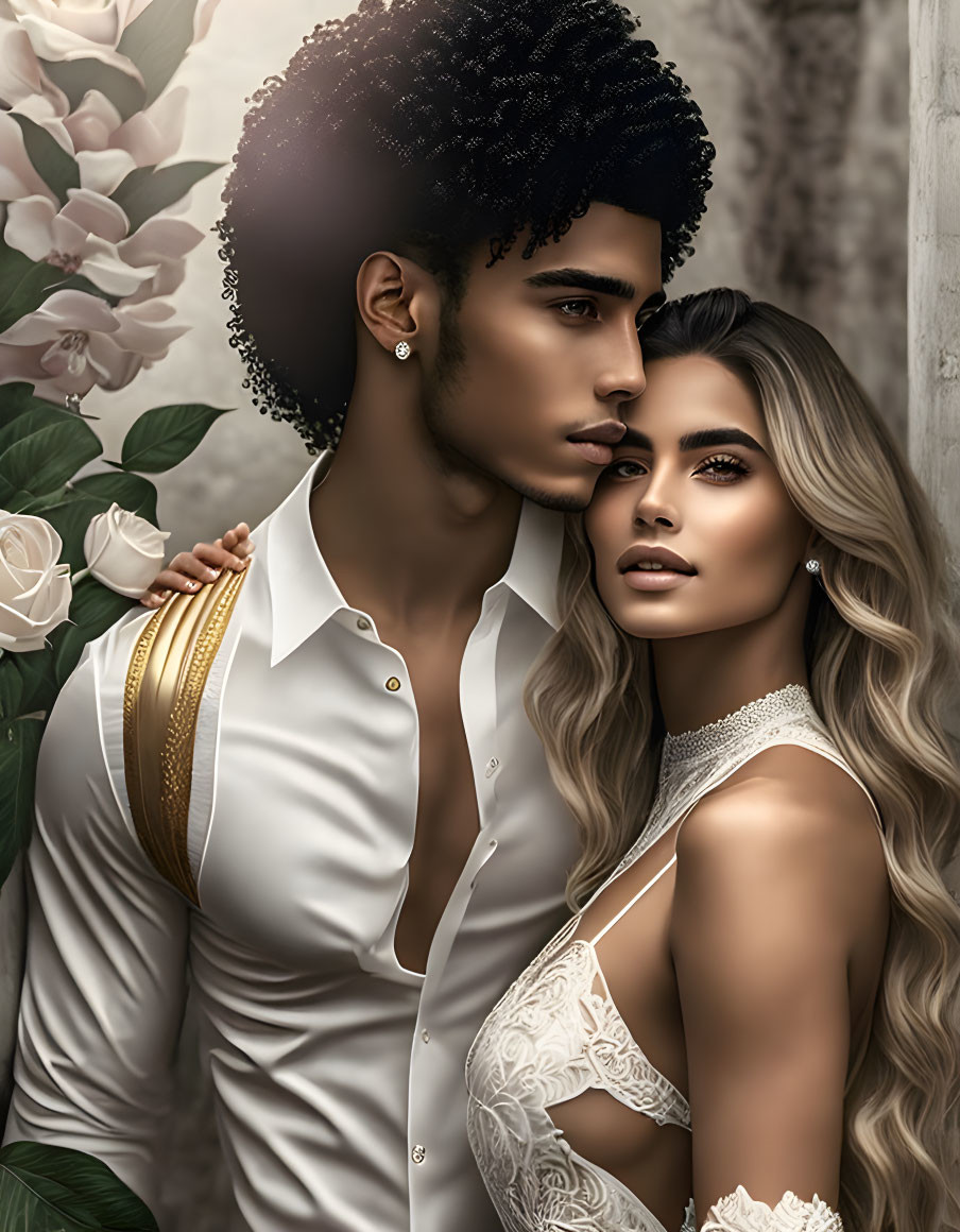 Digital illustration of intimate couple with curly-haired man in white shirt and woman in lace dress, surrounded by