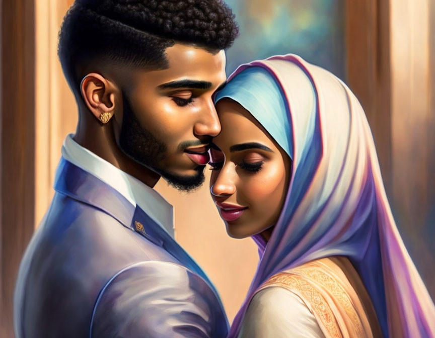 Couple Embracing in Suit and Hijab, Cultural Affection Displayed