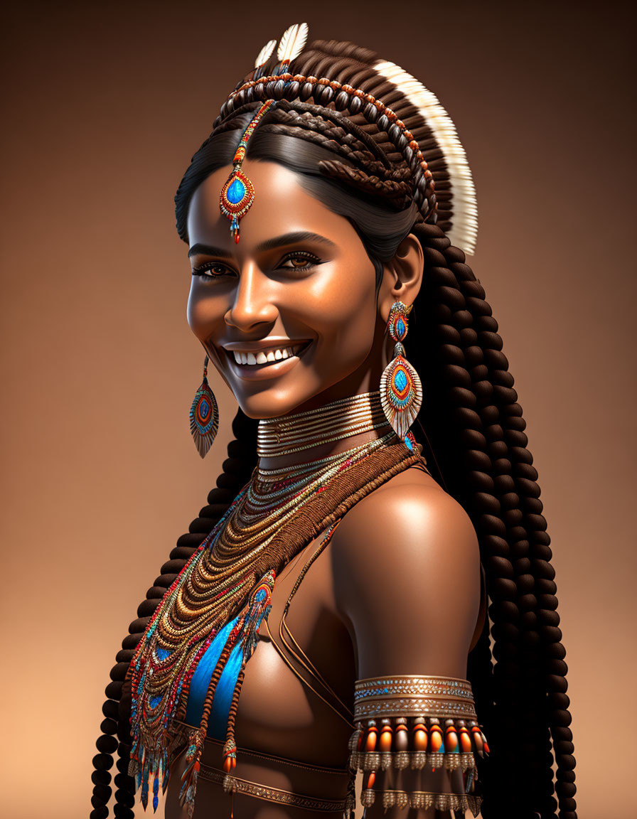 Smiling woman with tribal jewelry and headdress on warm background