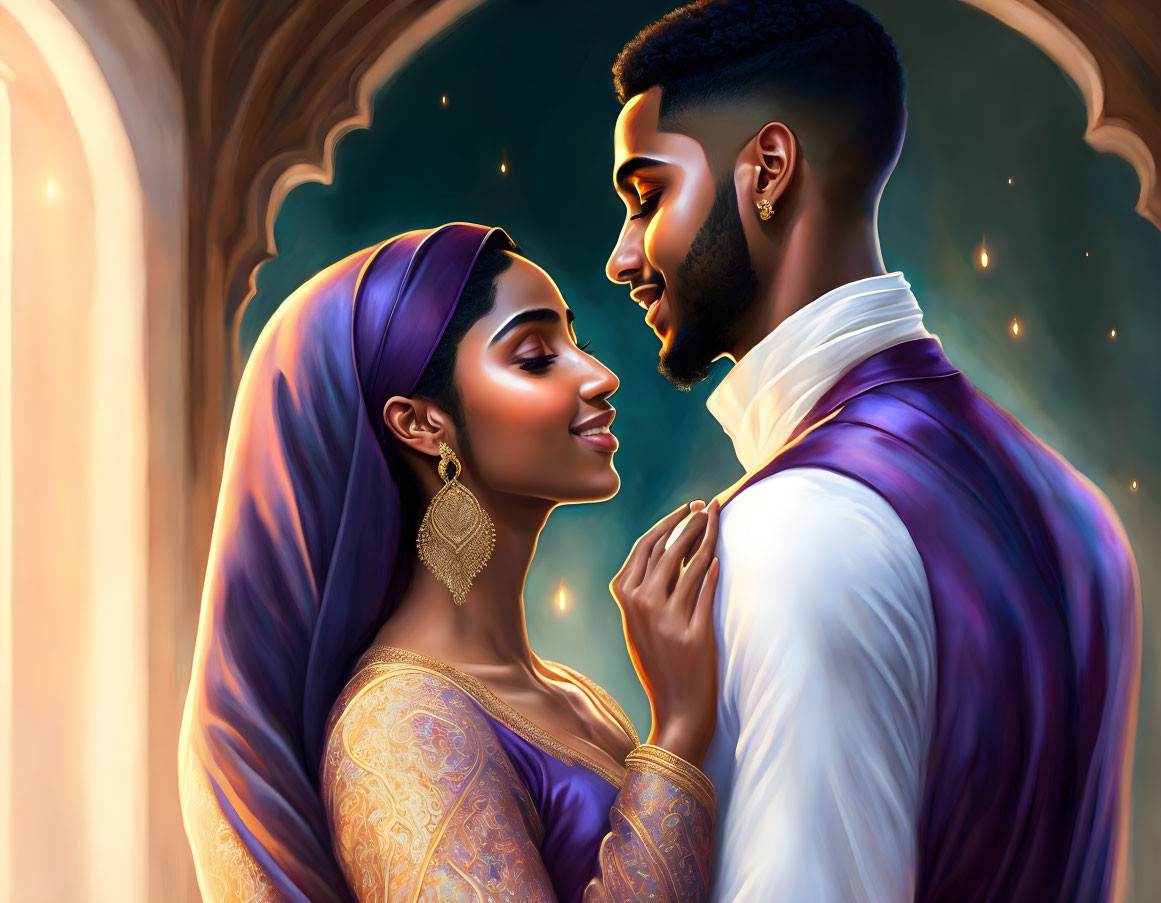 Romantic illustrated couple with purple scarf and starry backdrop