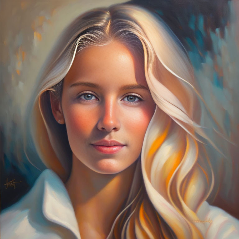 Portrait of young woman with blonde hair and blue eyes in serene expression