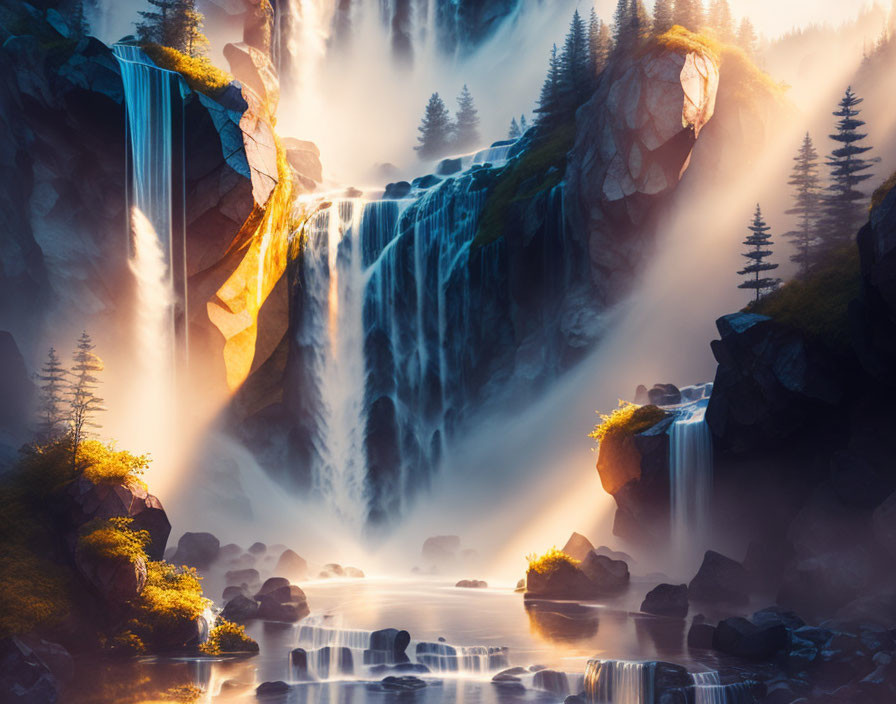 Tranquil waterfall scene with pine trees and sunlight