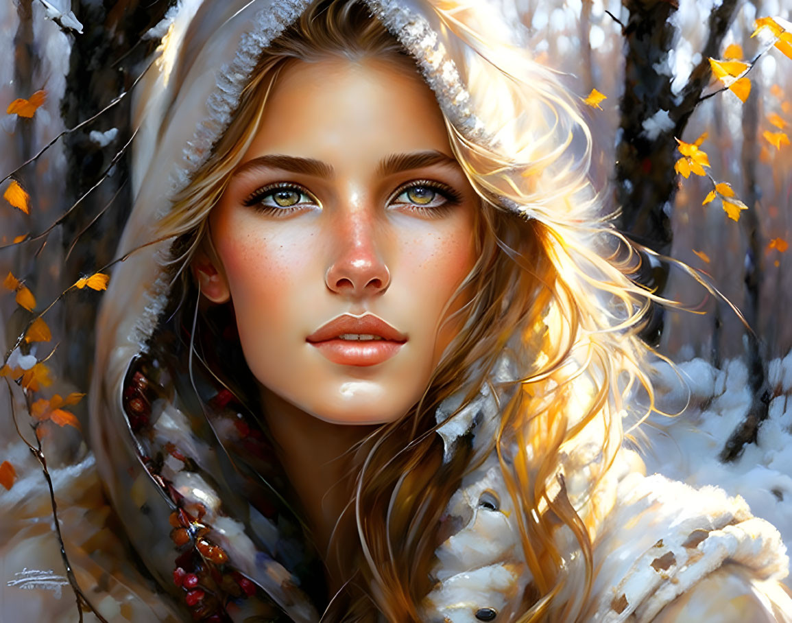 Digital artwork: Woman with green eyes in white coat, autumn forest.