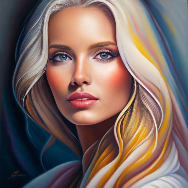 Blond-haired woman with blue eyes and vibrant makeup in abstract portrait