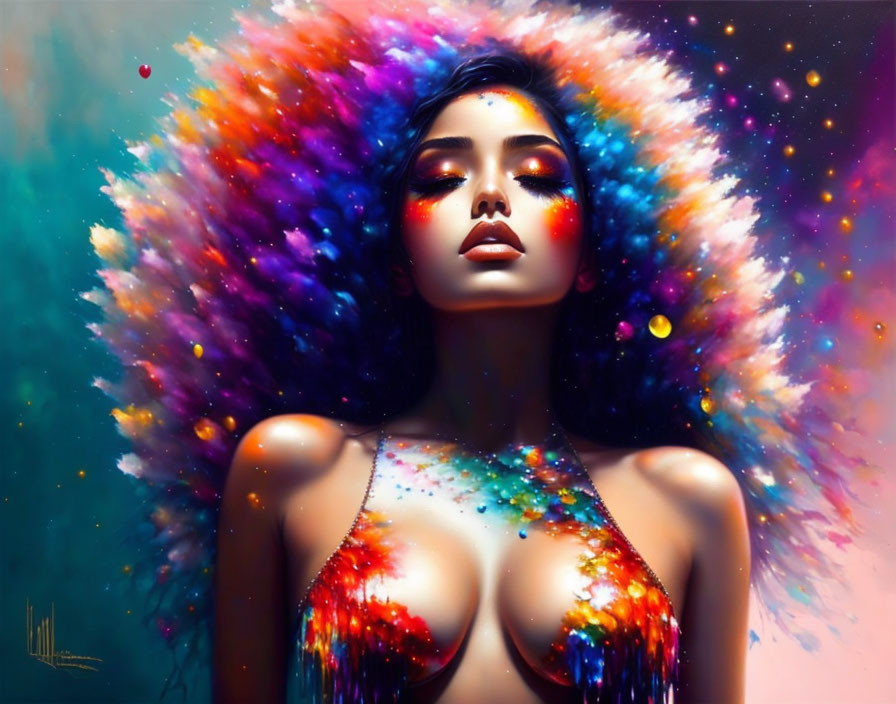 Vibrant cosmic-colored hair and glittering body paint on a woman.