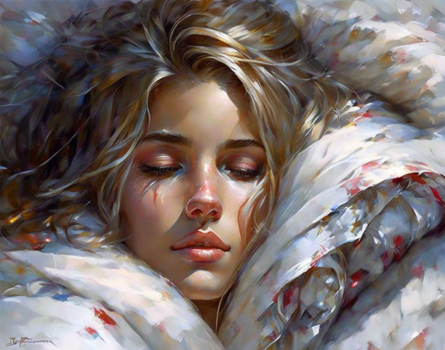 Realistic painting of woman sleeping in white quilt with red floral patterns