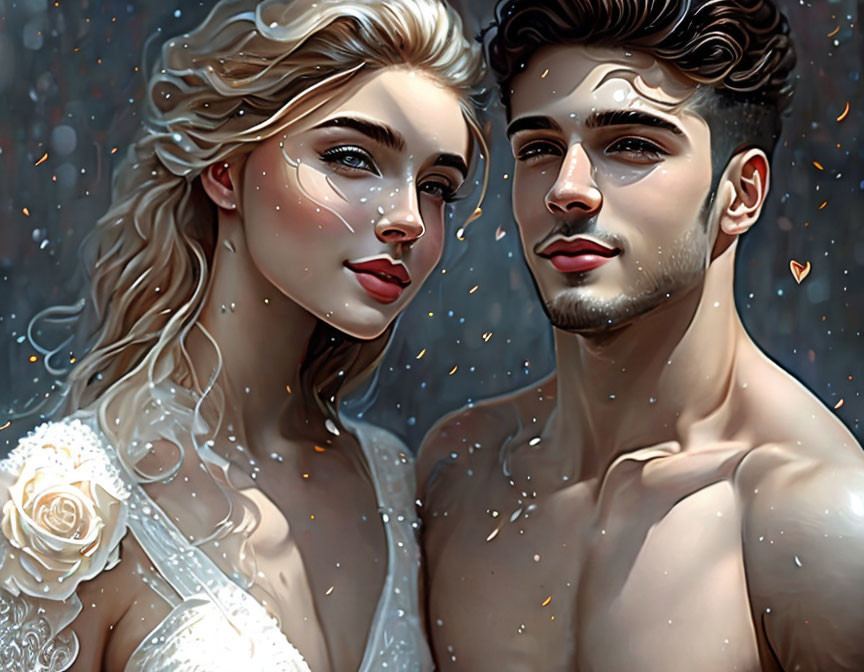 Romantic couple portrait: woman in white dress, man shirtless, dreamy expressions, sparkling lights