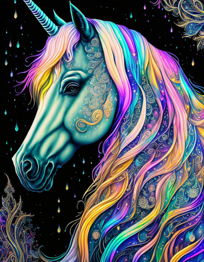 Vibrant unicorn with rainbow mane on starry backdrop