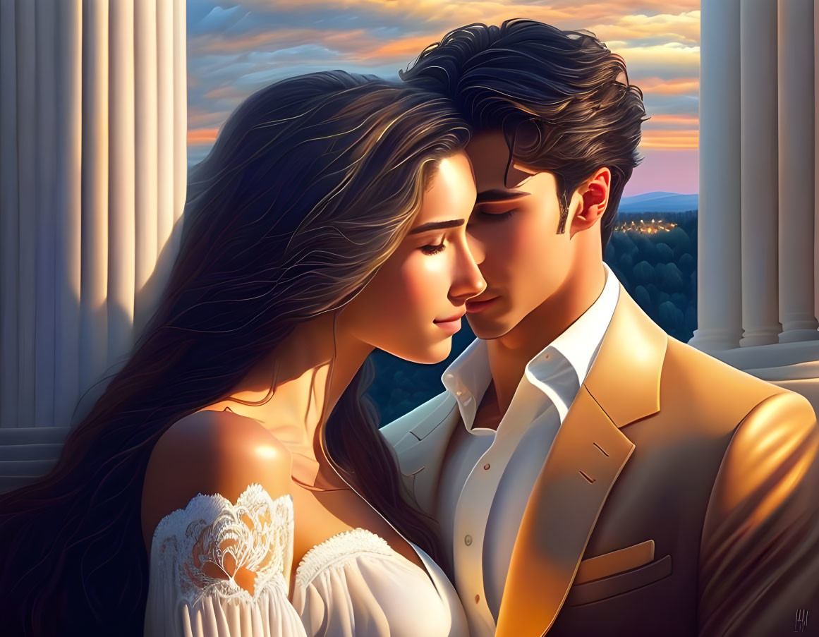 Illustrated couple in formal attire embracing near classical columns at sunset