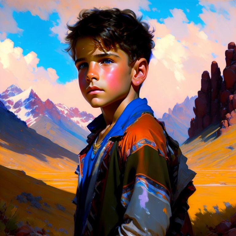 Young boy's digital art portrait against vibrant mountain backdrop